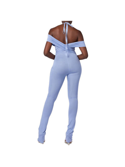 GRAYSCALE Womens Light Blue Zippered Tie Crossover Top Bodycon Cap Sleeve Off Shoulder Cocktail Skinny Jumpsuit XS