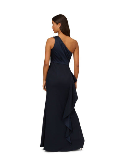 ADRIANNA PAPELL Womens Navy Zippered Fitted Cascading Side Ruffle Sleeveless Asymmetrical Neckline Full-Length Evening Gown Dress 4