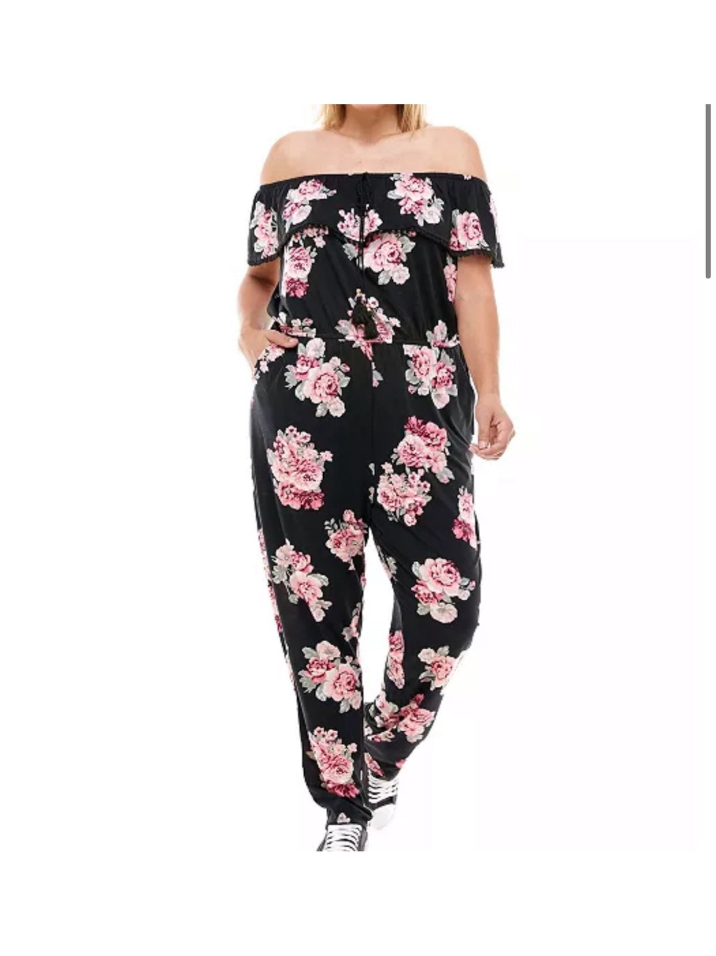 PLANET GOLD Womens Black Ruffled Tie Floral Off Shoulder Straight leg Jumpsuit L