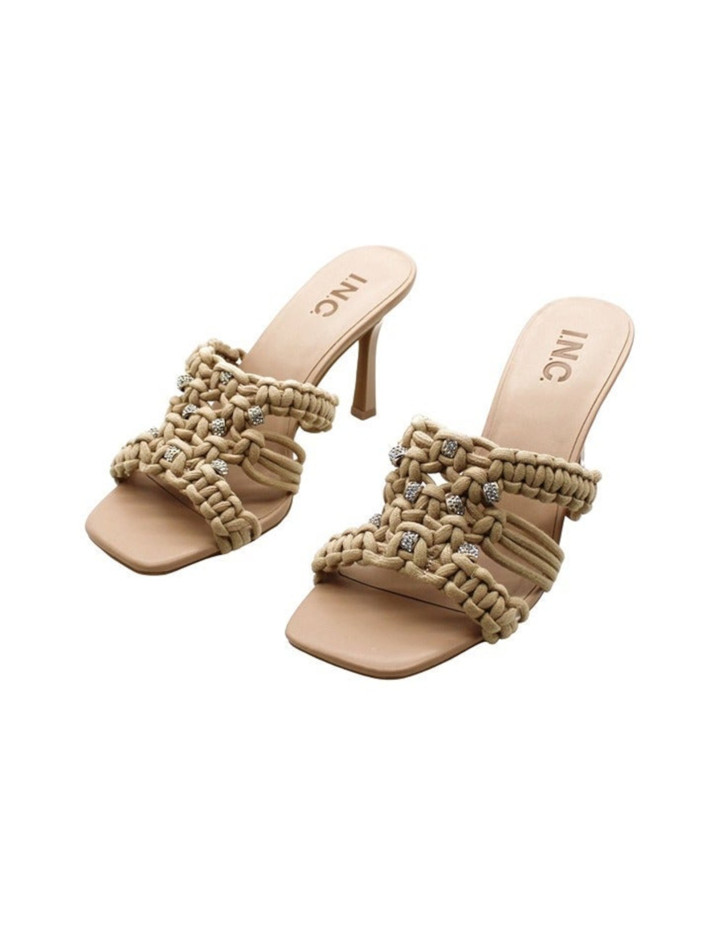 INC Womens Beige Woven Comfort Embellished Benda Square Toe Stiletto Slip On Heeled Sandal 7 M