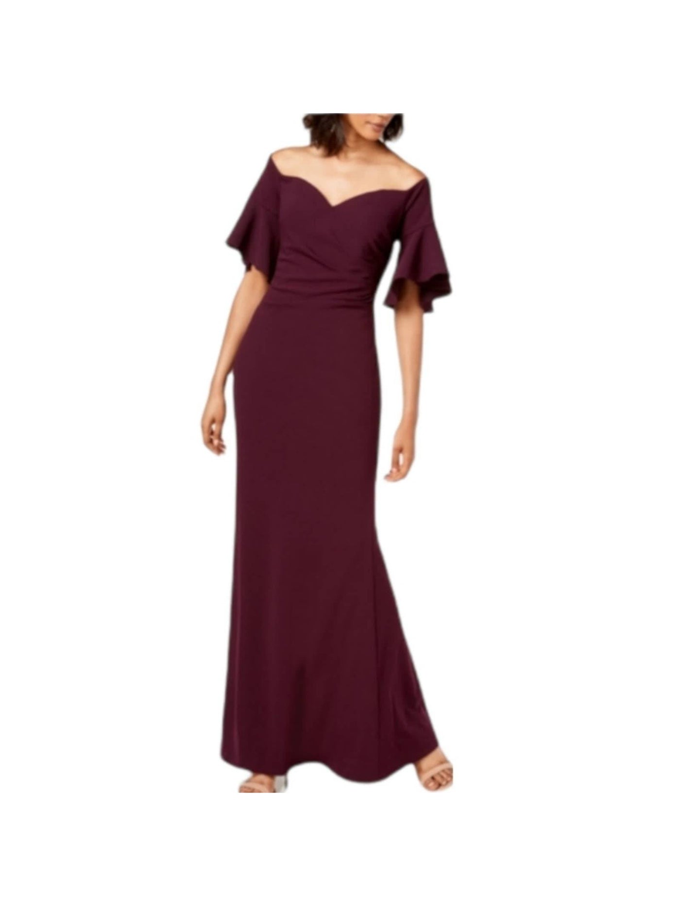 CALVIN KLEIN Womens Purple Zippered Pleated Lined Padded Boning Bell Sleeve Off Shoulder Above The Knee Evening Sheath Dress 6