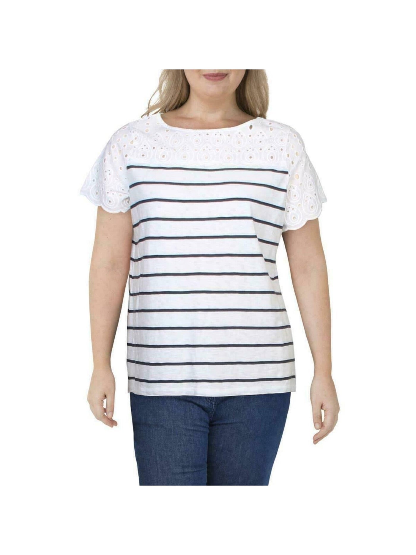 CHARTER CLUB Womens White Striped Short Sleeve Boat Neck T-Shirt Size: L