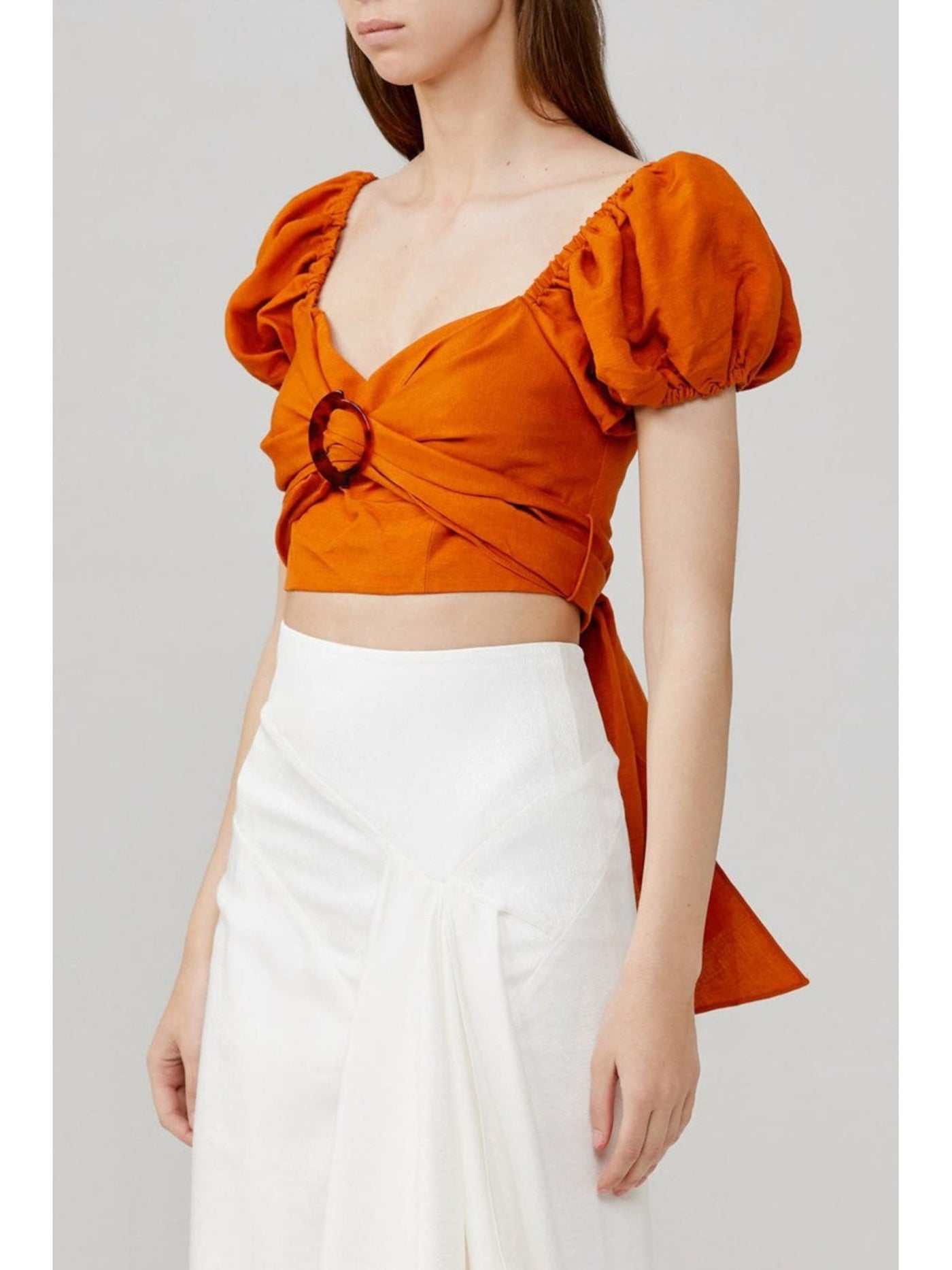 SIGNIFICANT OTHER Womens Orange Stretch Pleated Tie Pouf Sleeve Sweetheart Neckline Evening Crop Top 4