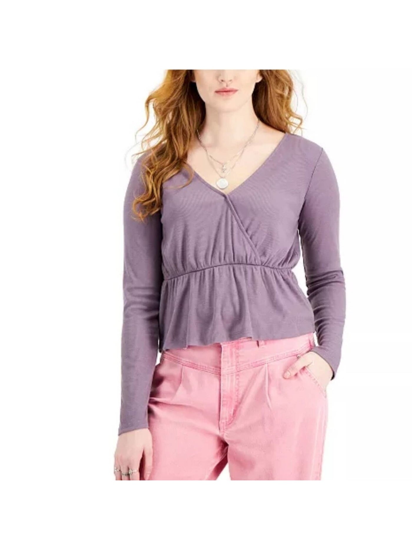 HIPPIE ROSE Womens Purple Stretch Ribbed Relaxed Fit Long Sleeve Surplice Neckline Peplum Top S