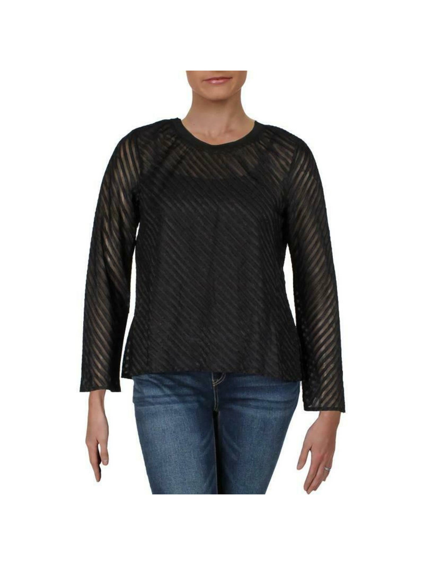 RACHEL ROY Womens Black Sheer Long Sleeve Crew Neck Tunic Top S