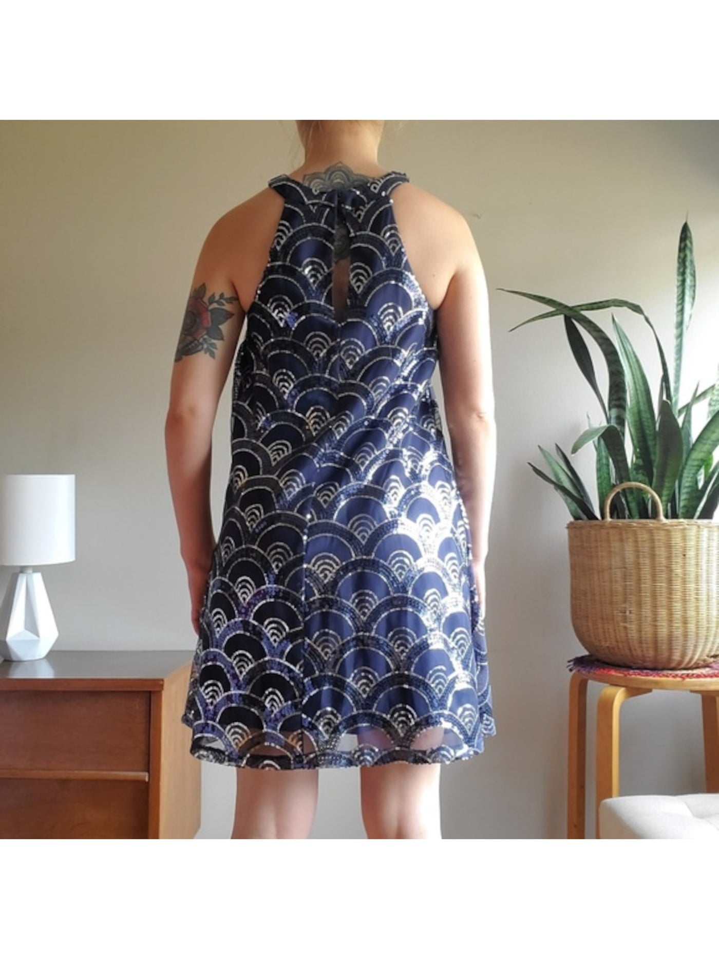 CITY TRIANGLES Womens Navy Sequined Lined Keyhole Back Sleeveless Halter Above The Knee Party Shift Dress S