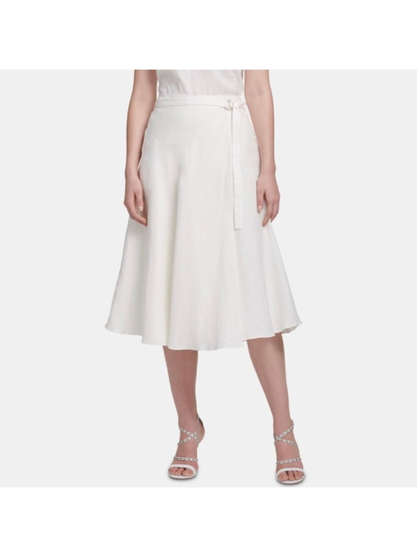 DKNY Womens White Zippered Below The Knee Wrap Skirt 2