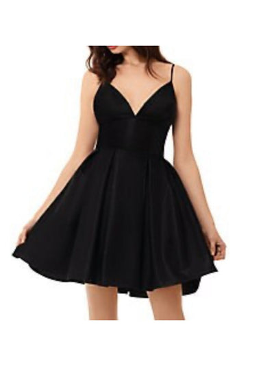 AQUA FORMAL Womens Black Spaghetti Strap V Neck Short Cocktail Fit + Flare Dress 0
