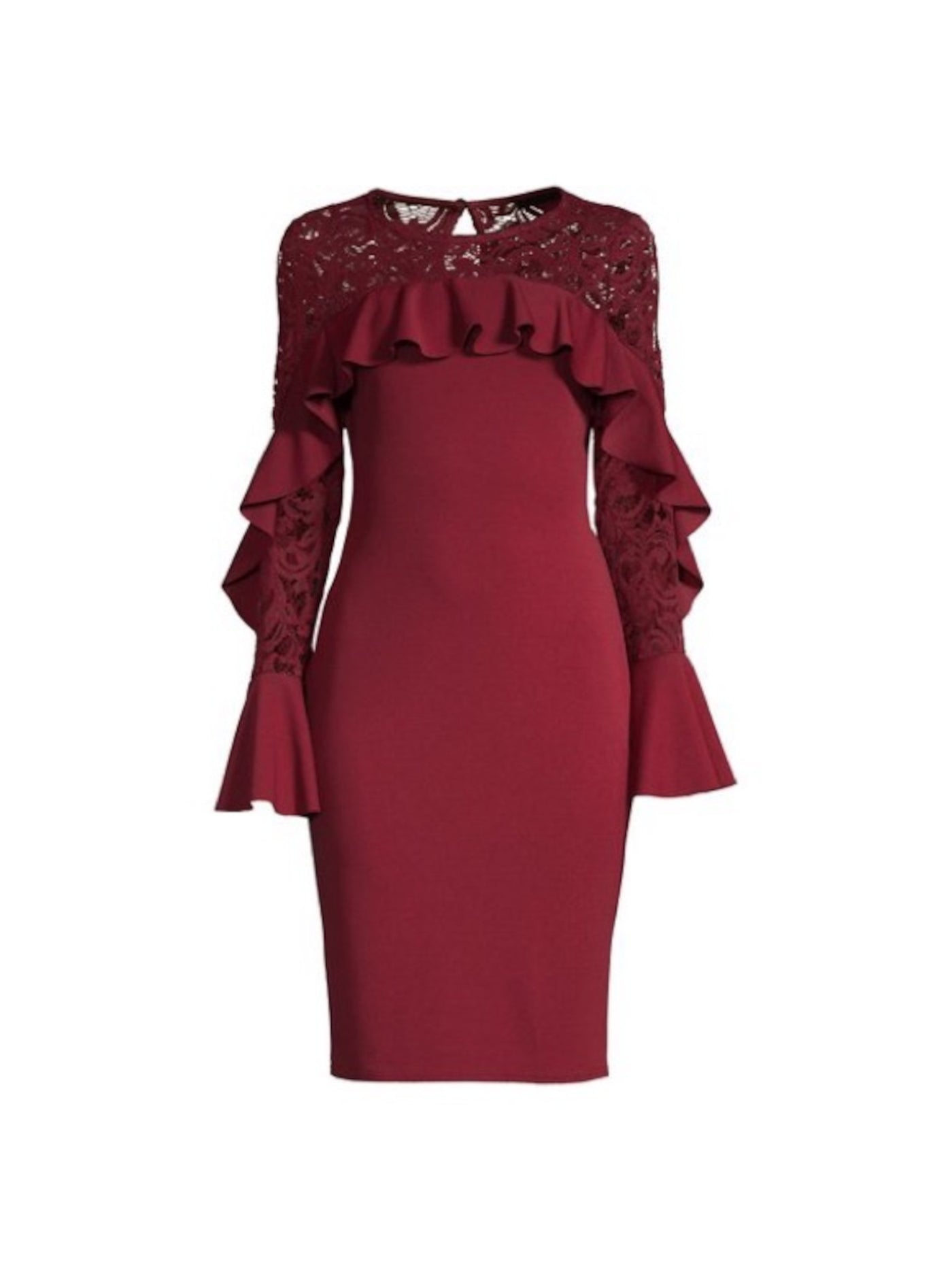 BETSY & ADAM Womens Burgundy Stretch Lace Ruffled Zippered Keyhole Back Bell Sleeve Jewel Neck Knee Length Cocktail Sheath Dress 2