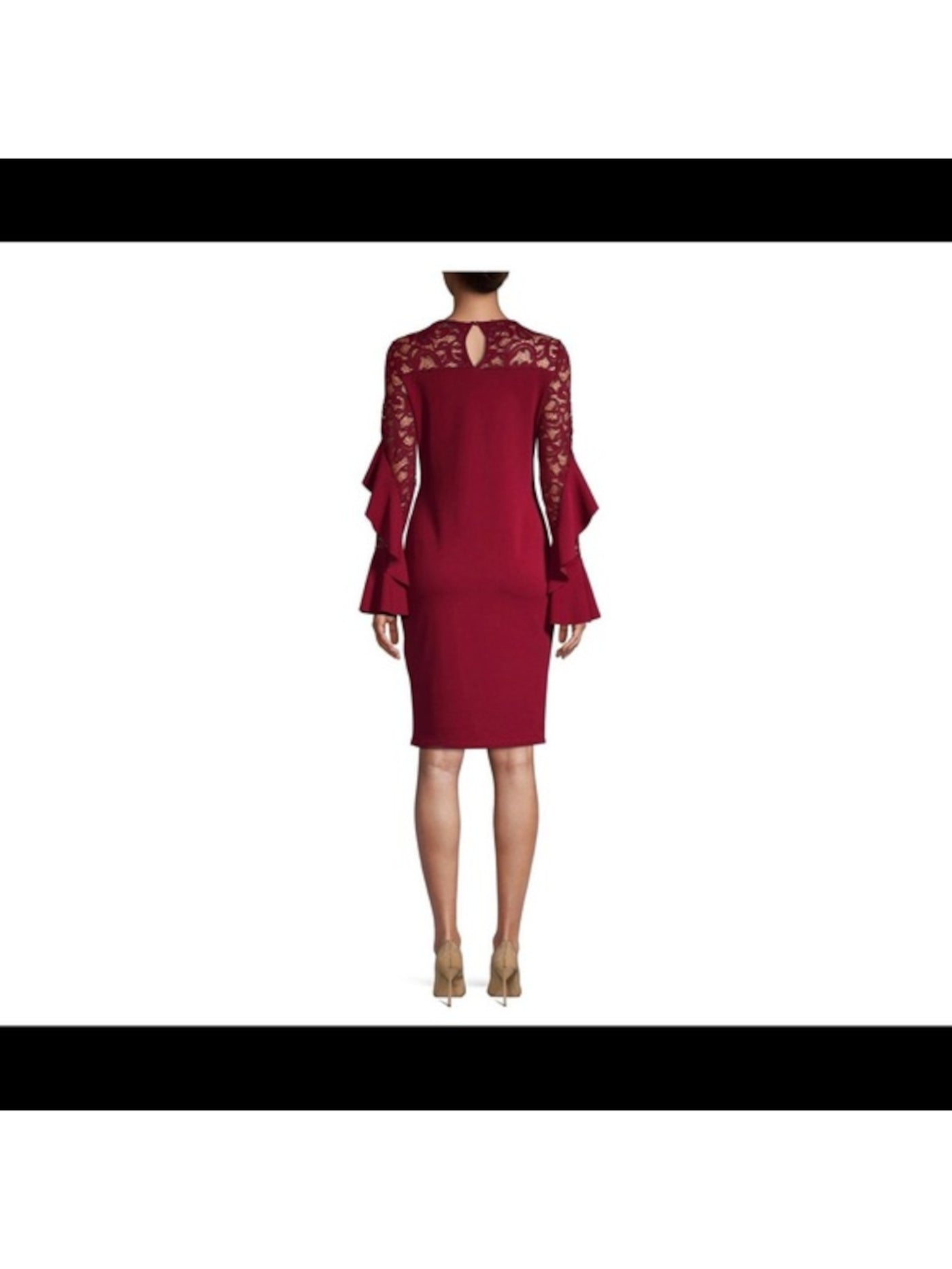 BETSY & ADAM Womens Burgundy Stretch Lace Ruffled Zippered Keyhole Back Bell Sleeve Jewel Neck Knee Length Cocktail Sheath Dress 2