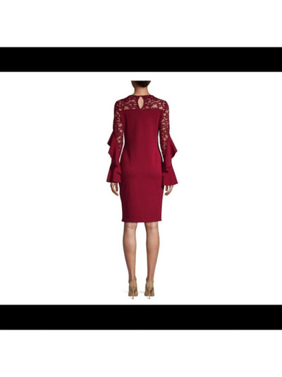 BETSY & ADAM Womens Burgundy Stretch Lace Ruffled Zippered Keyhole Back Bell Sleeve Jewel Neck Knee Length Cocktail Sheath Dress 2