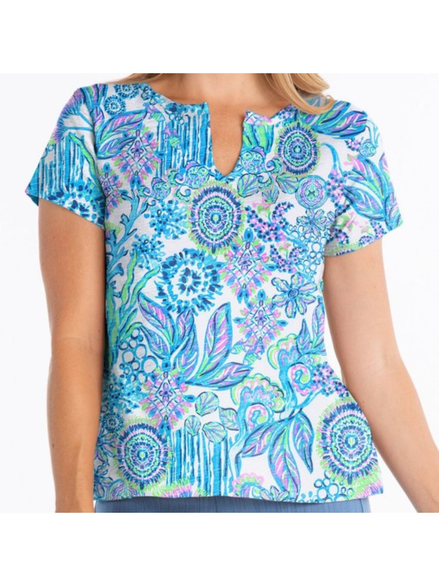 FRESH PRODUCE Womens Blue Floral Cap Sleeve V Neck Tunic Top M