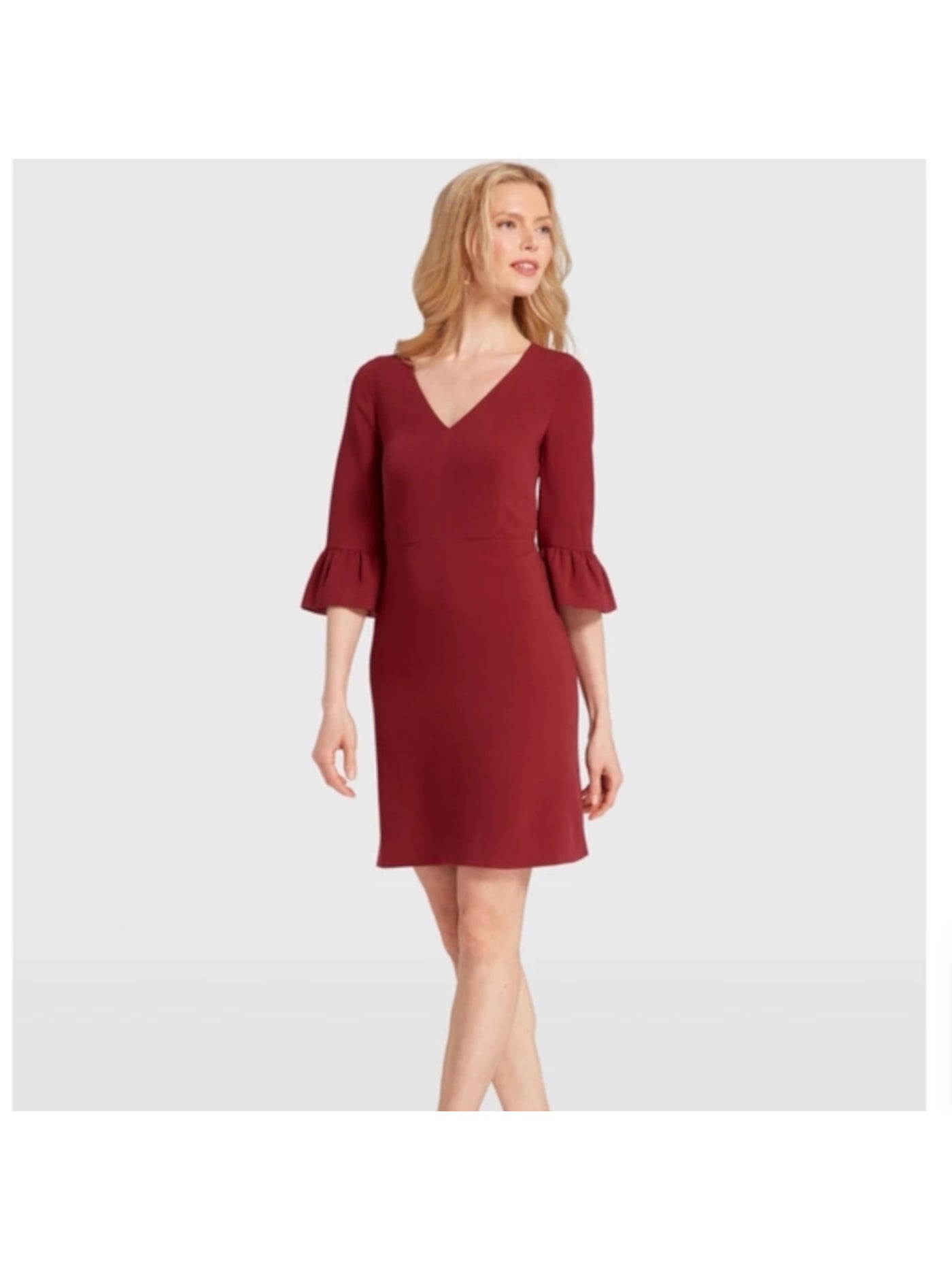 DKNY Womens Maroon Stretch Zippered Darted Ruffled Tiered Sleeve Scuba Crep 3/4 Sleeve V Neck Above The Knee Wear To Work Sheath Dress 2