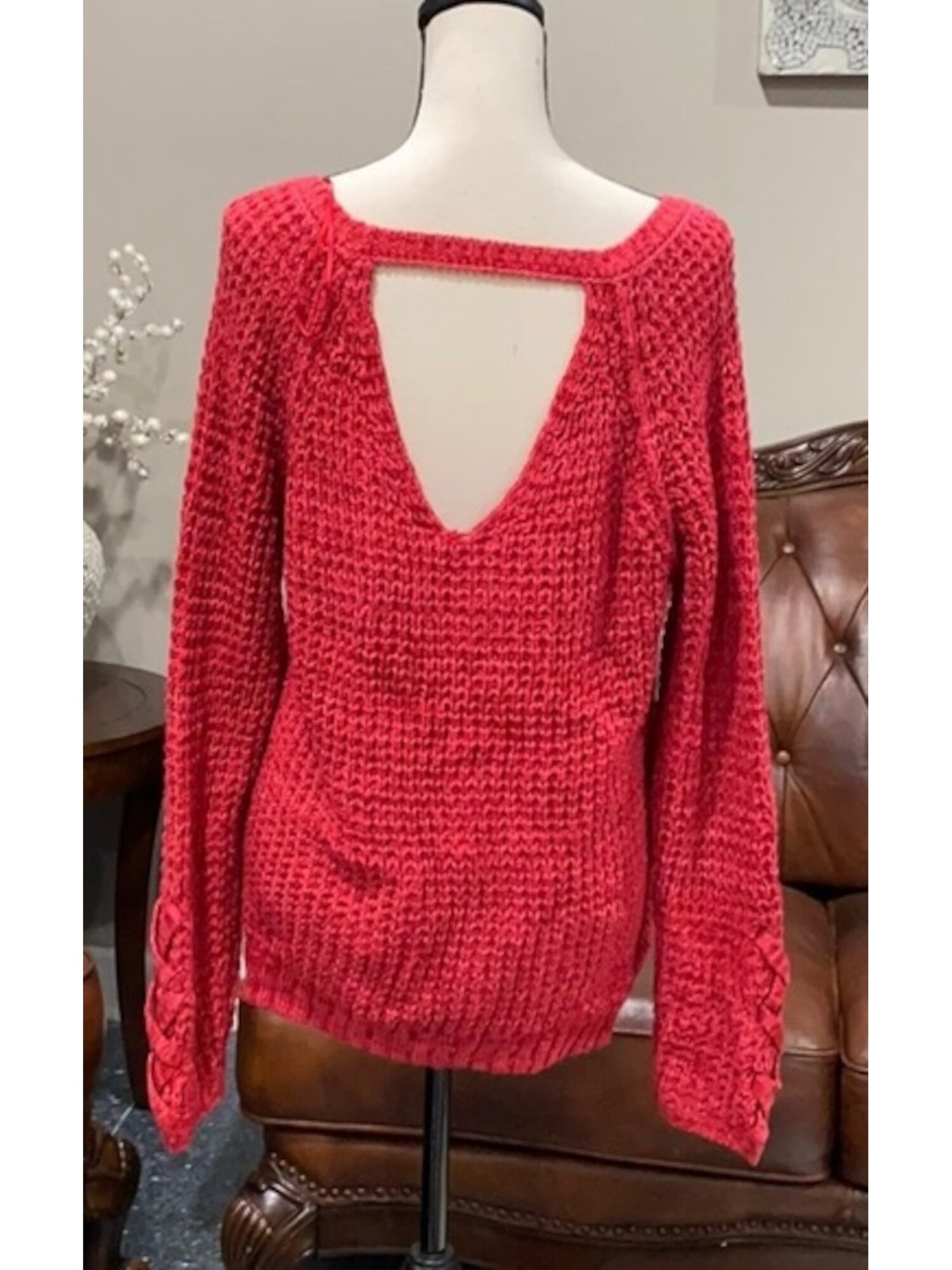 AMERICAN RAG Womens Red Cable Knit Cutout Long Sleeve Sweater S