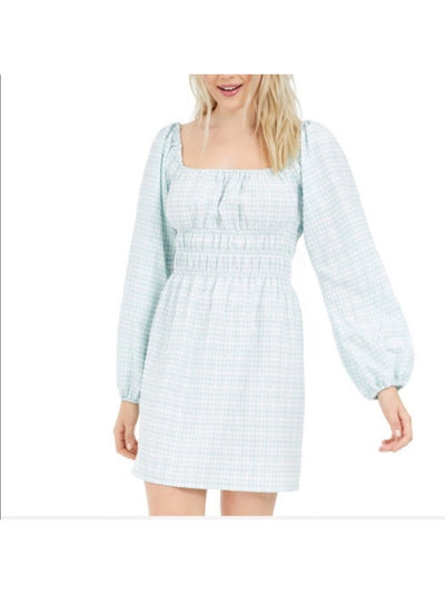 LEYDEN Womens Light Blue Ruched Plaid Long Sleeve Square Neck Short Sheath Dress M