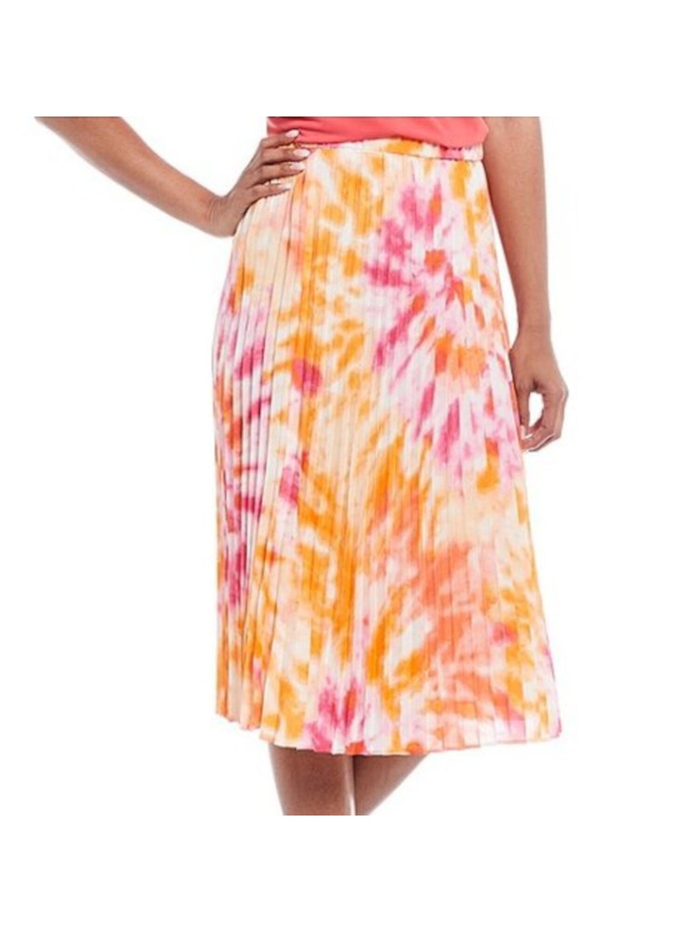 CALVIN KLEIN Womens Orange Pleated Tie Dye Midi Accordion Pleat Skirt M