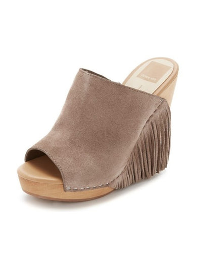 DOLCE VITA Womens Beige 1" Platform Goring Fringed Comfort Cai Round Toe Wedge Slip On Leather Slide Sandals Shoes 8 M