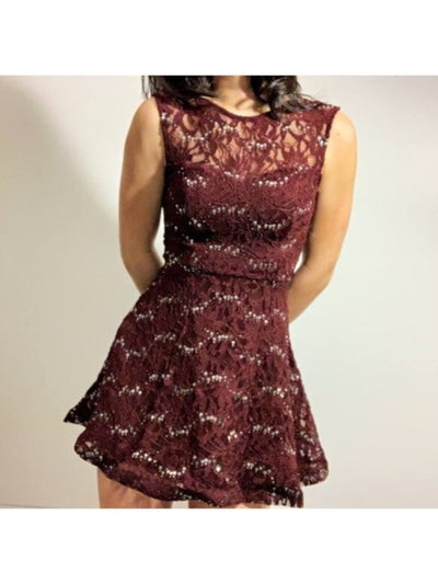 SPEECHLESS Womens Burgundy Sequined Zippered Low Back Bow Tie Lined Sleeveless Scoop Neck Short Party Fit + Flare Dress 9