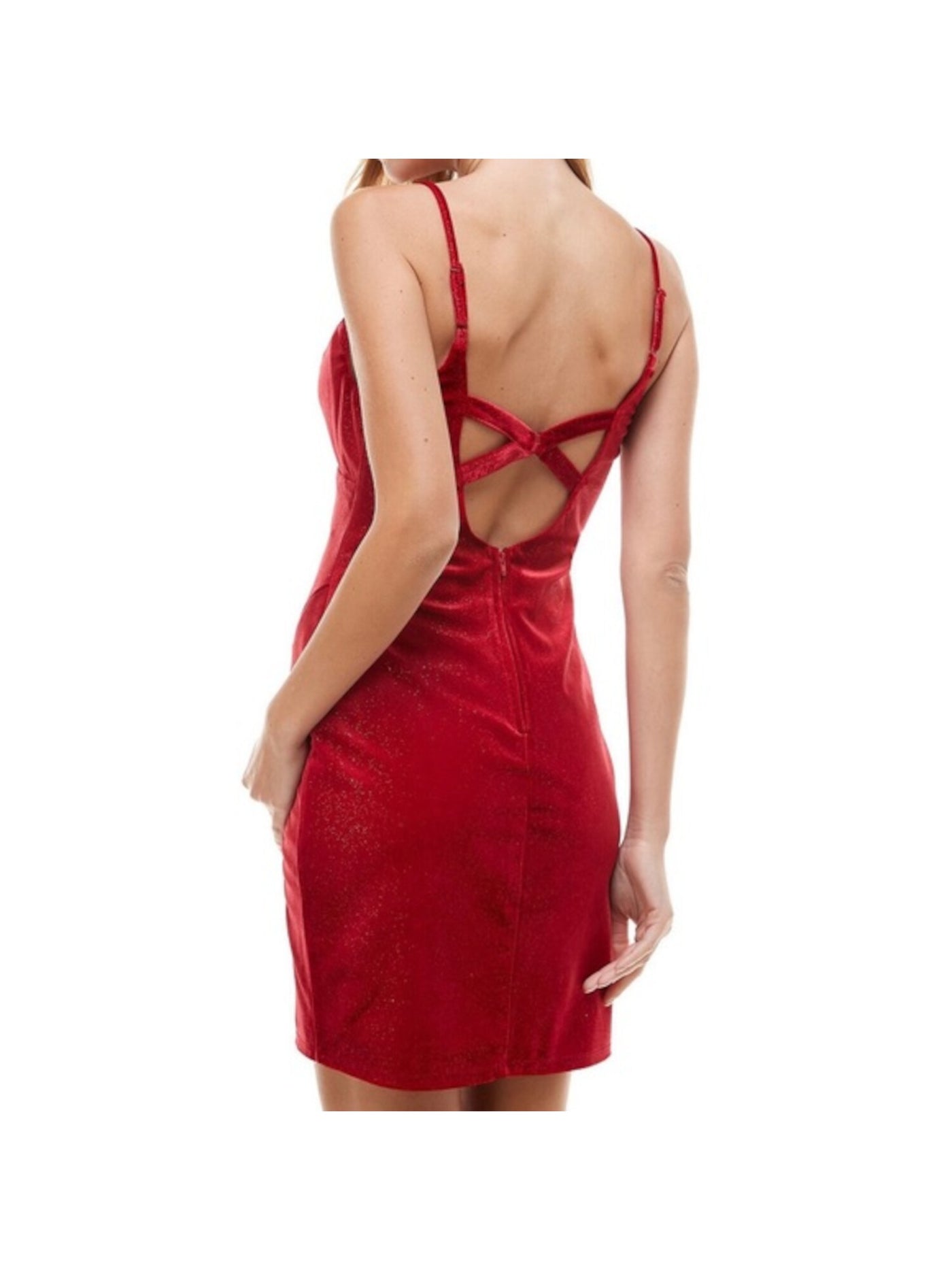 CITY STUDIO Womens Red Glitter Slitted Velvet Zippered Spaghetti Strap V Neck Short Party Body Con Dress 13