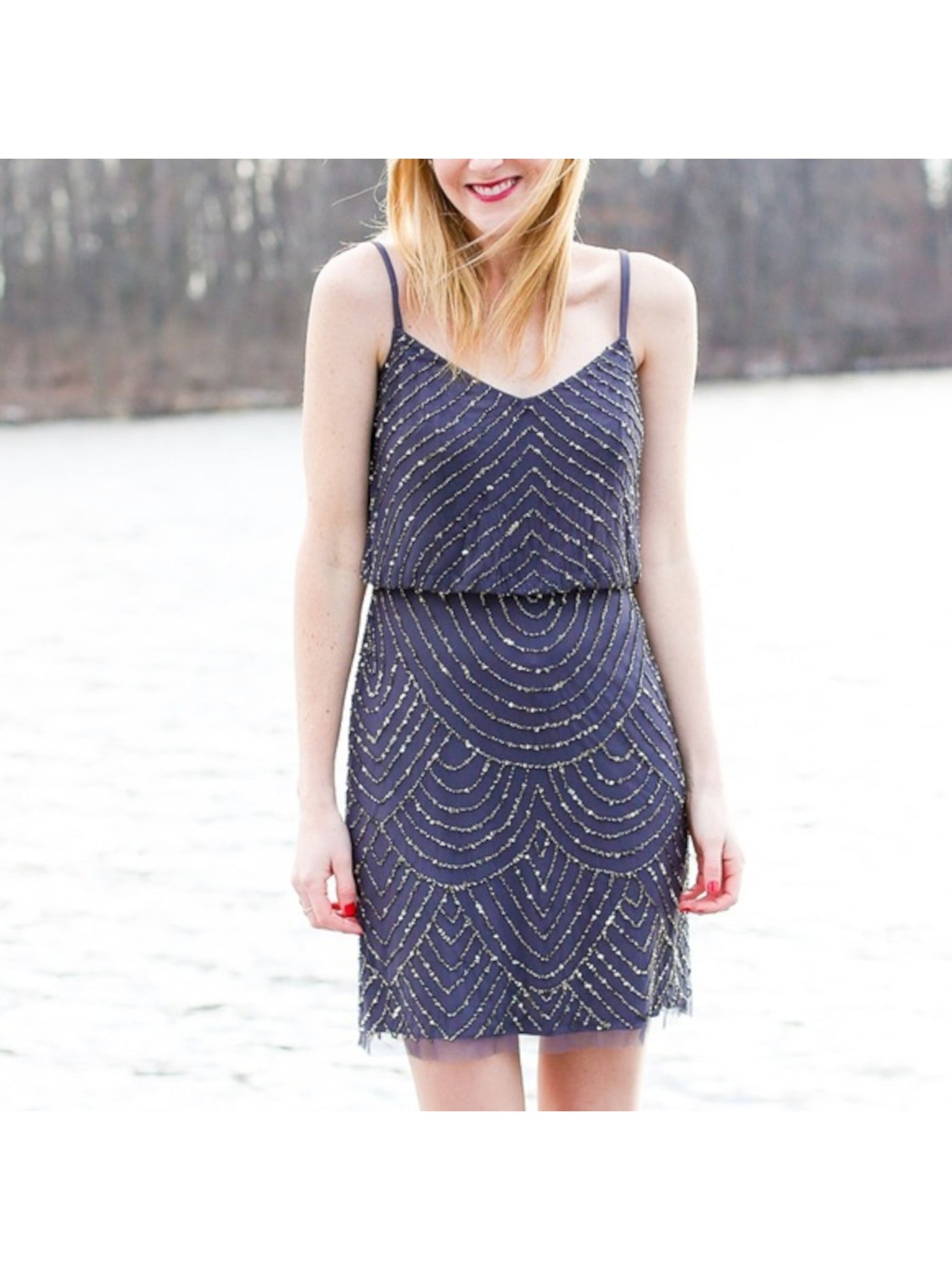 ADRIANNA PAPELL Womens Blue Beaded Sequined Lined Geometric Spaghetti Strap V Neck Above The Knee Blouson Dress 6