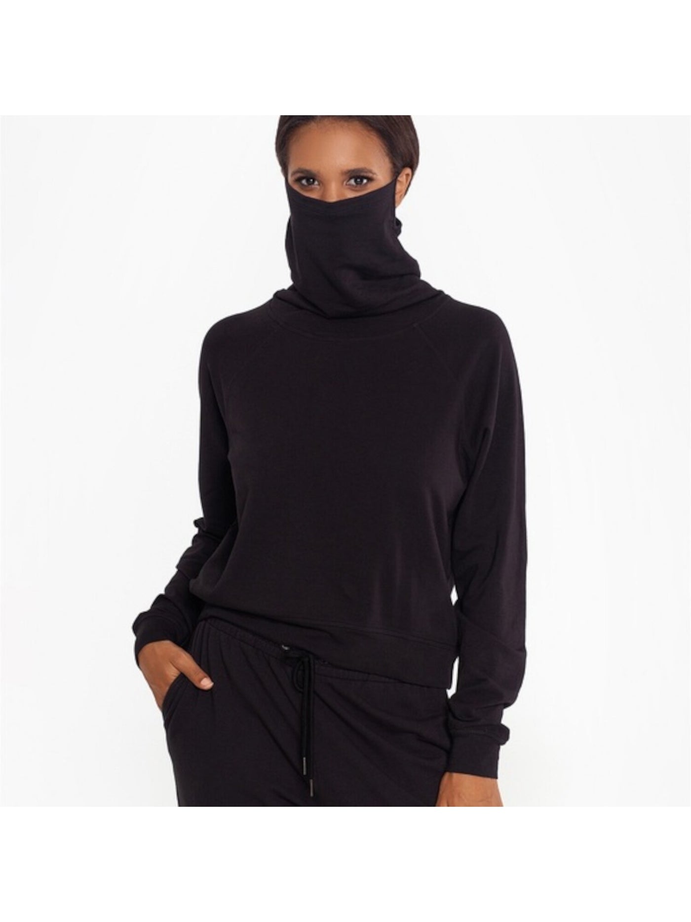 BAM BY BETSY & ADAM Womens Black Stretch Tie Pocketed Built-in Mask Relaxed Fit Long Sleeve Hoodie Top S