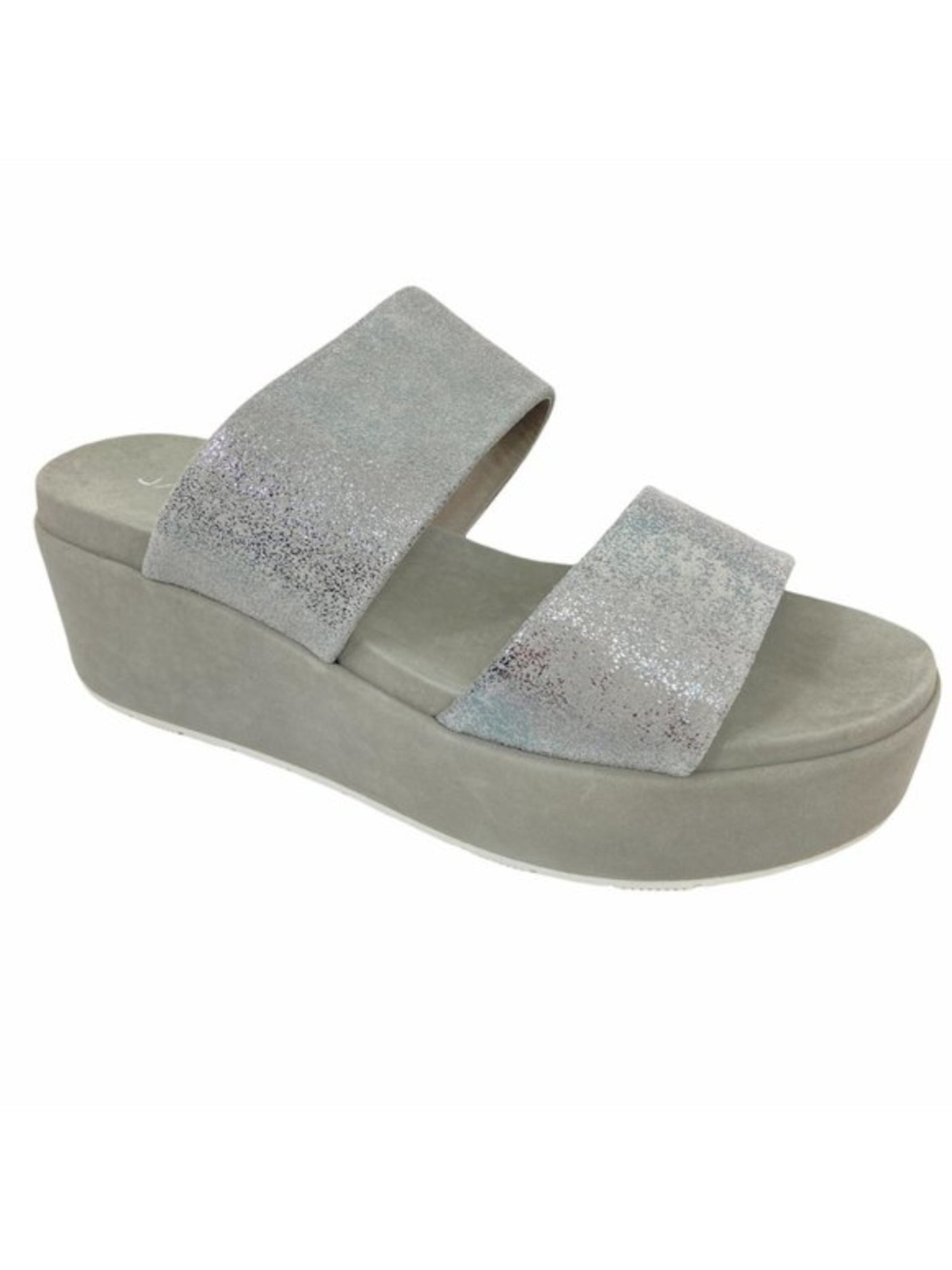 J SLIDES Womens Gray Goring Metallic Cushioned Quincy Round Toe Wedge Slip On Leather Heeled Sandal 10 M