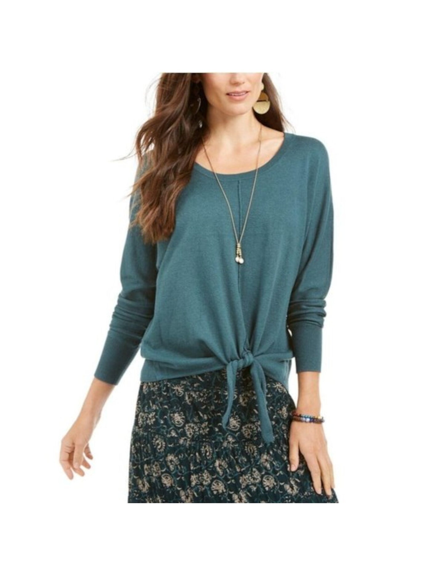 STYLE & COMPANY Womens Green Tie-front Long Sleeve Scoop Neck Sweater Petites PM