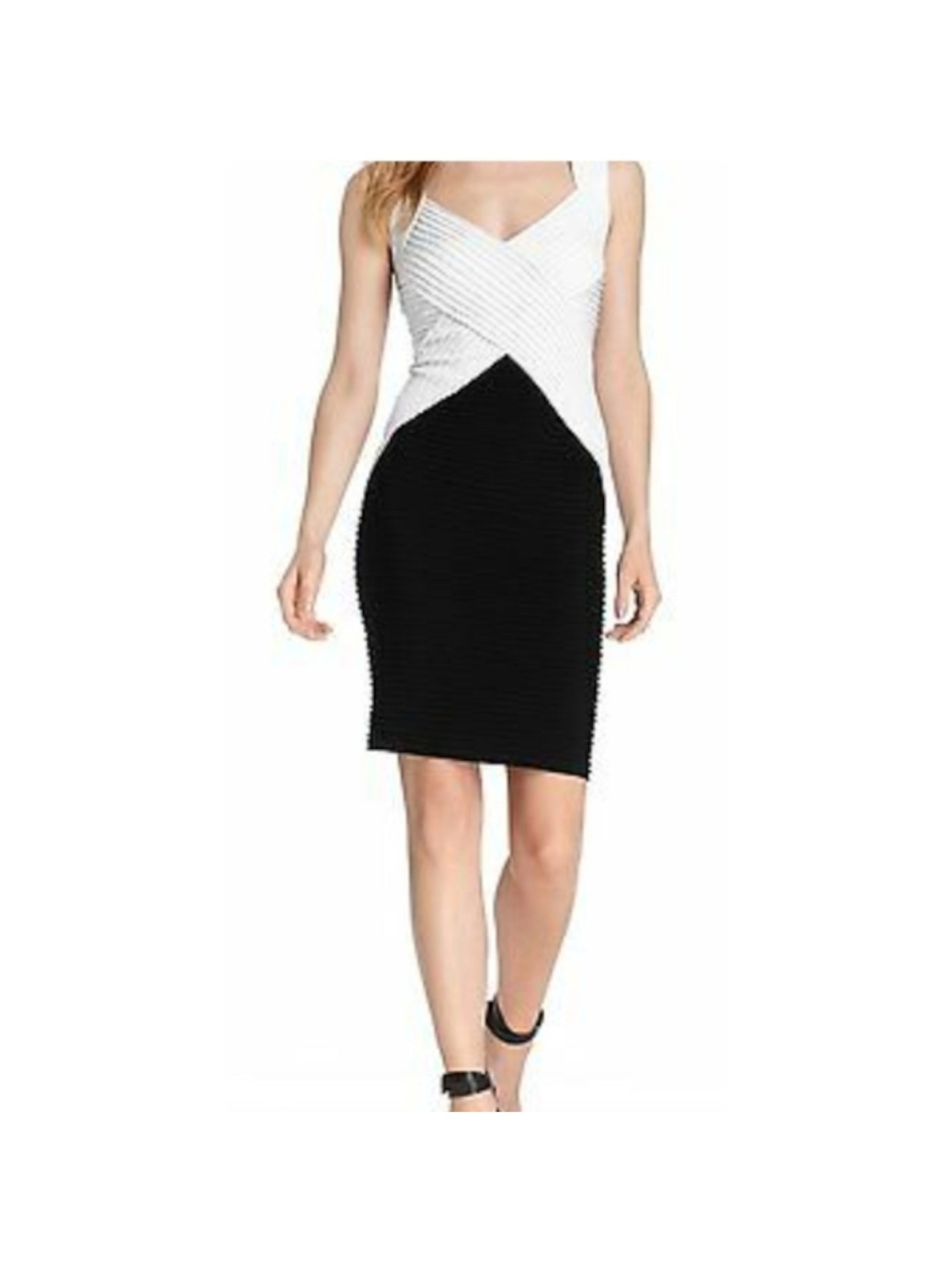 CALVIN KLEIN Womens Black Pleated Zippered Lined Color Block Sleeveless V Neck Above The Knee Cocktail Sheath Dress Petites 4P