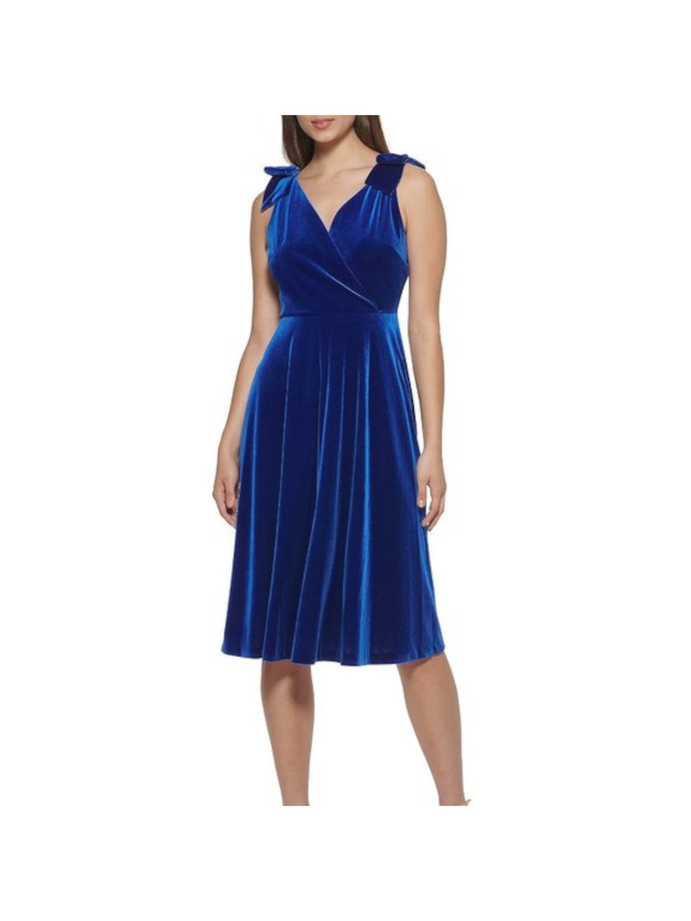 KENSIE Womens Blue Zippered Bows On Shoulder Sleeveless Surplice Neckline Below The Knee Party Sheath Dress 4