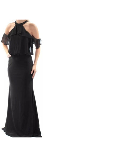 BETSY & ADAM Womens Black Cut Out Zippered Lined Ruffled Sheer Short Sleeve Halter Full-Length Evening Blouson Dress 2