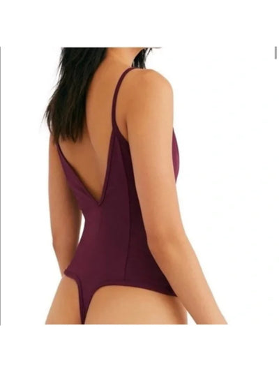 INTIMATELY FREE PEOPLE Womens Burgundy Stretch Fitted Square Neck V-back Thong Bodysuit S