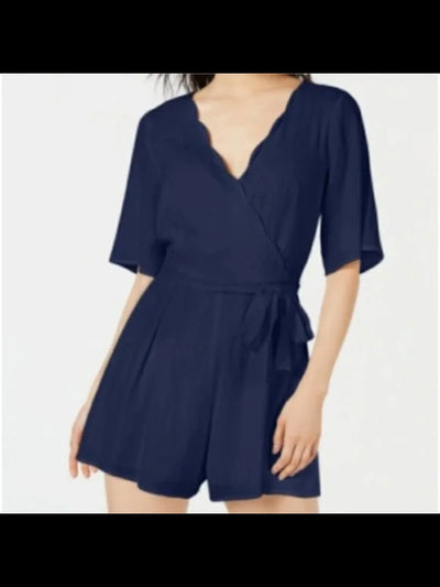 TRIXXI Womens Navy Tie Scalloped Elbow Sleeve Surplice Neckline Faux Wrap Wide Leg Romper XS