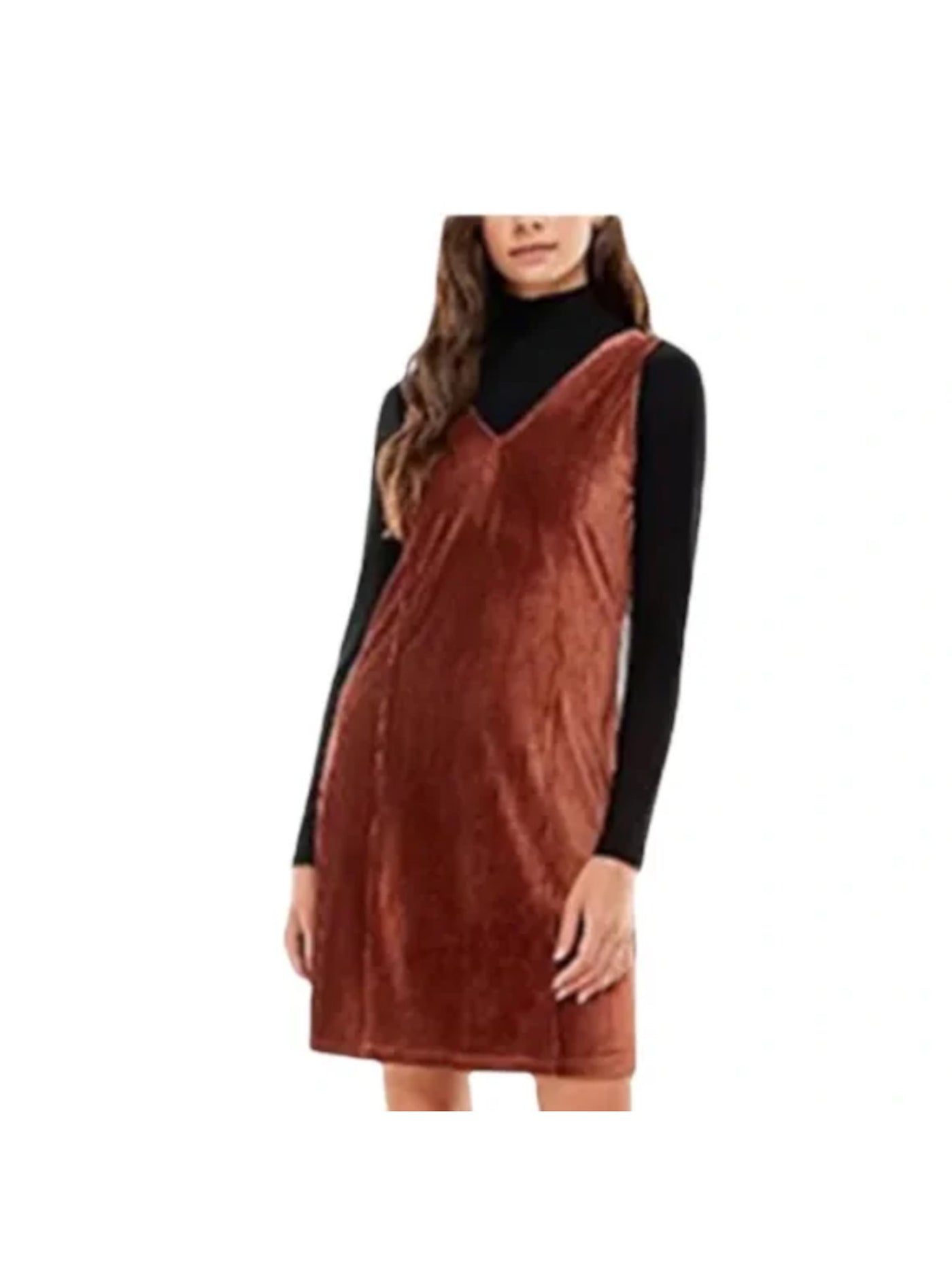 PLANET GOLD Womens Brown Ribbed Zippered Color Block Long Sleeve V Neck Above The Knee Shift Dress XS