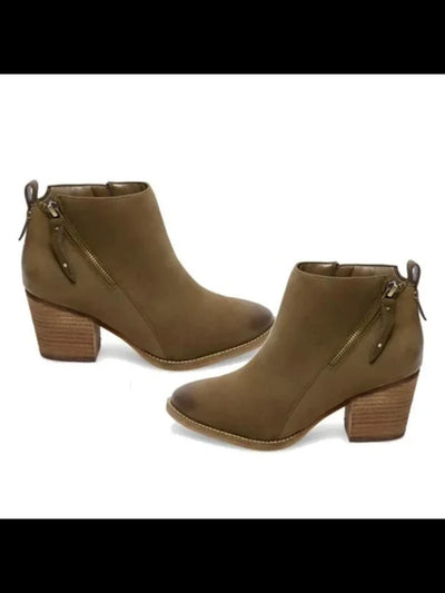 AQUA COLLEGE Womens Green Waterproof Back Pull Tab Comfort Zipper Accent Nancy Round Toe Block Heel Zip-Up Leather Booties 11 M