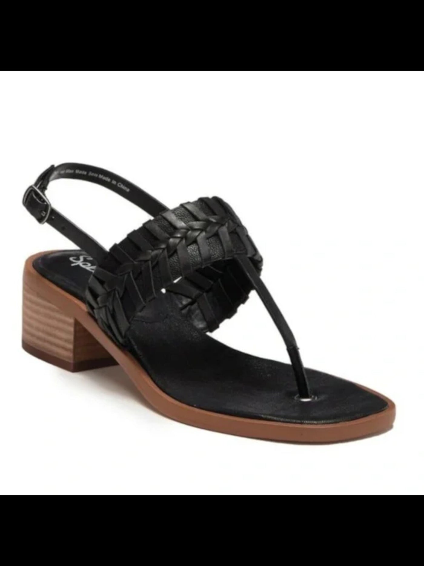 SPLENDID Womens Black Padded Slingback Woven T-Strap Tempo Square Toe Stacked Heel Buckle Leather Slingback Sandal 6