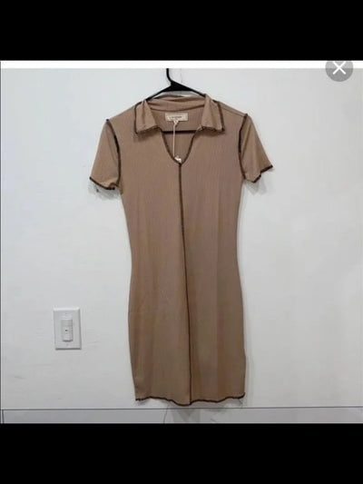 NO COMMENT Womens Beige Stretch Ribbed Short Sleeve Collared Short Body Con Dress XL