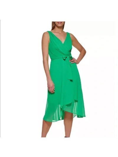 DKNY Womens Green Sheer Zippered Self Tie Waist Lined Hi-lo Hem Sleeveless Surplice Neckline Midi Party Faux Wrap Dress 12