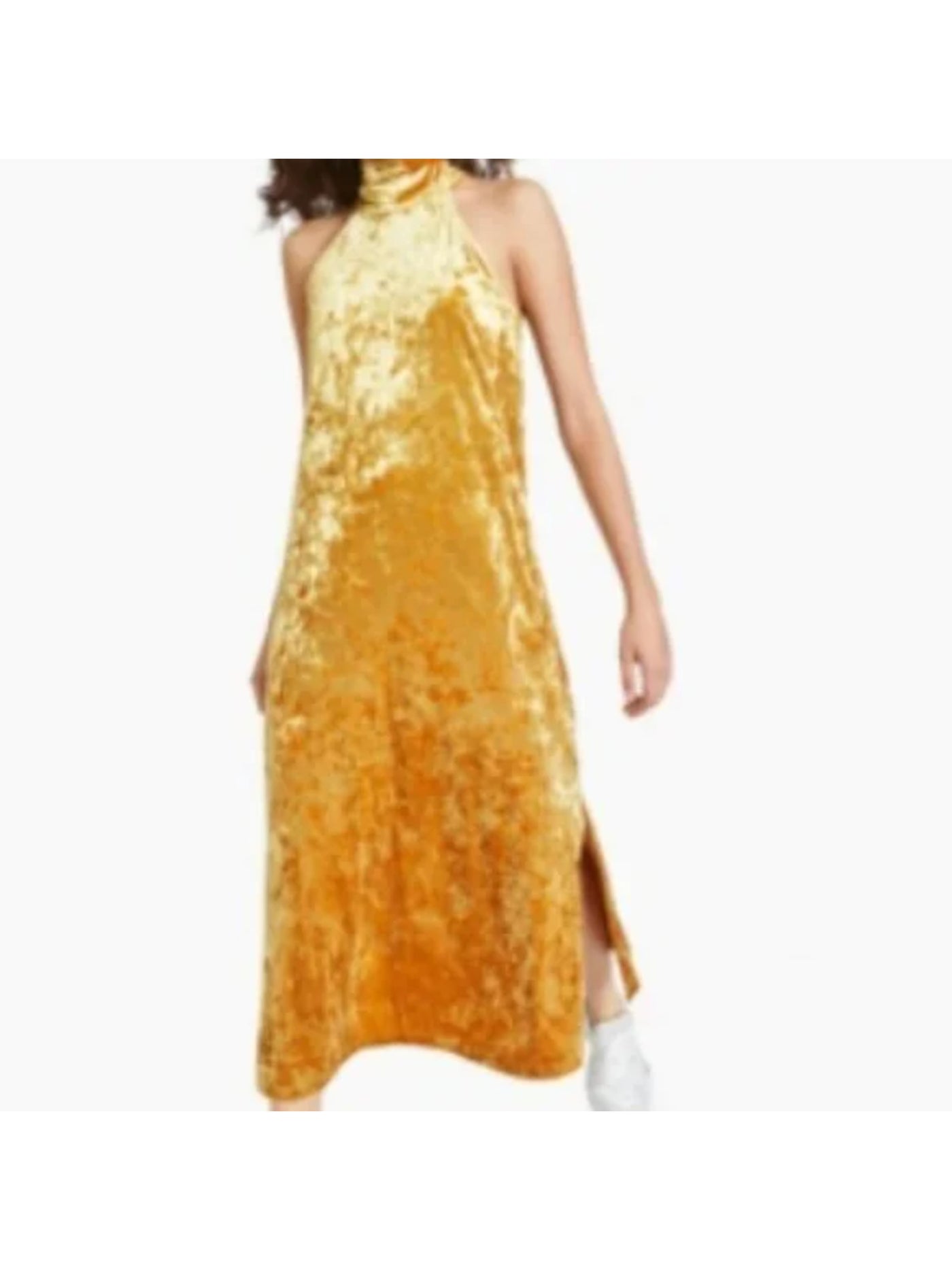 BAR III Womens Yellow Stretch Slitted Zippered Tie Neck Crushed Velvet Sleeveless Halter Maxi Party Sheath Dress XS