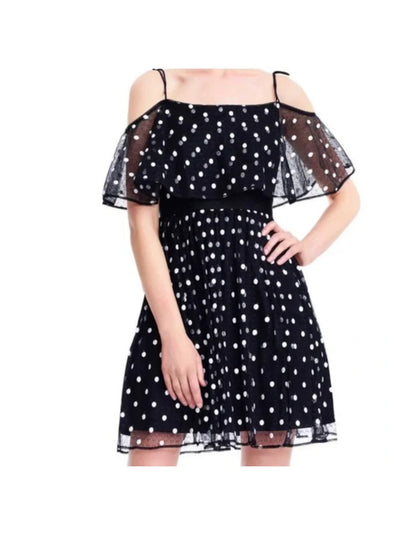 ADRIANNA PAPELL Womens Black Tie Sheer Polka Dot Short Sleeve Off Shoulder Knee Length Party Dress 10