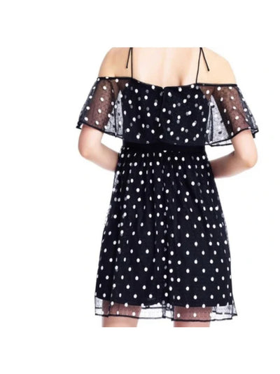 ADRIANNA PAPELL Womens Black Tie Sheer Polka Dot Short Sleeve Off Shoulder Knee Length Party Dress 10