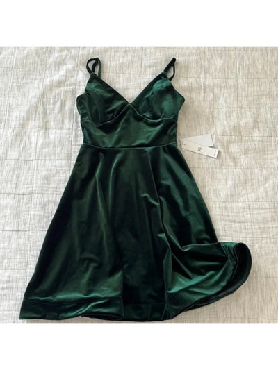TEEZE ME Womens Green Zippered Lined Bodice Tulle Hem Spaghetti Strap V Neck Short Party Fit + Flare Dress Juniors L