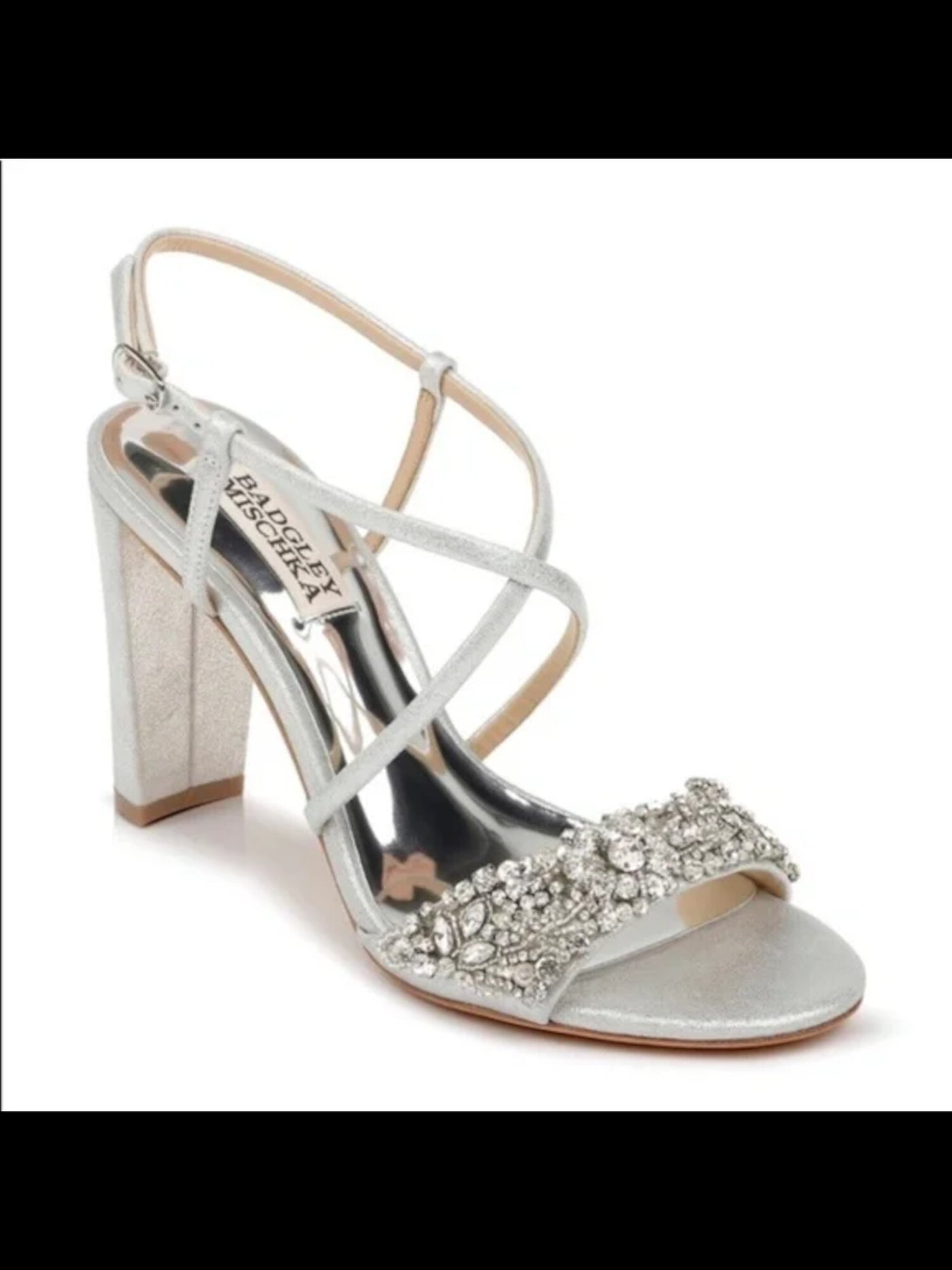 BADGLEY MISCHKA Womens Silver Embellished Strappy Carolyn Round Toe Block Heel Buckle Leather Dress Slingback Sandal 8.5 M