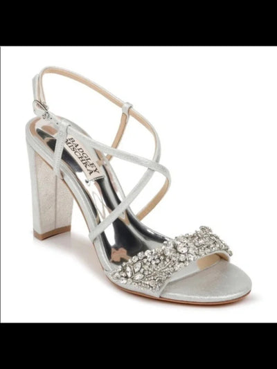 BADGLEY MISCHKA Womens Silver Embellished Strappy Carolyn Round Toe Block Heel Buckle Leather Dress Slingback Sandal 8.5 M