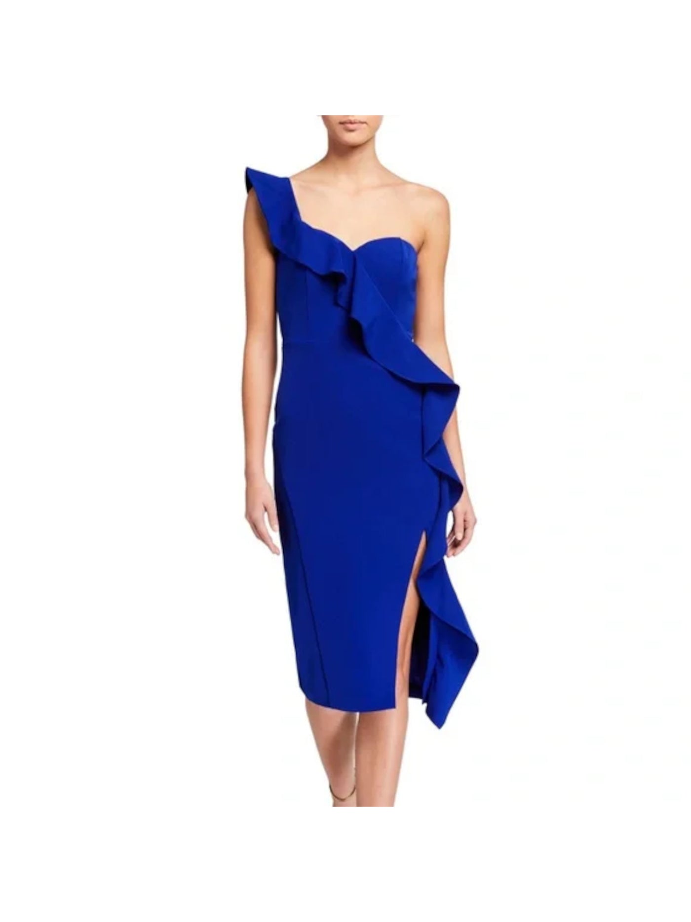 AIDAN Womens Blue Ruffled Zippered Slitted Lined Sleeveless Asymmetrical Neckline Midi Cocktail Sheath Dress 6