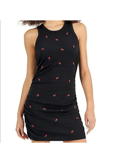 REBELLIOUS ONE Womens Black Ruched Ribbed Sleeveless Round Neck Short Party Sheath Dress Plus 1X
