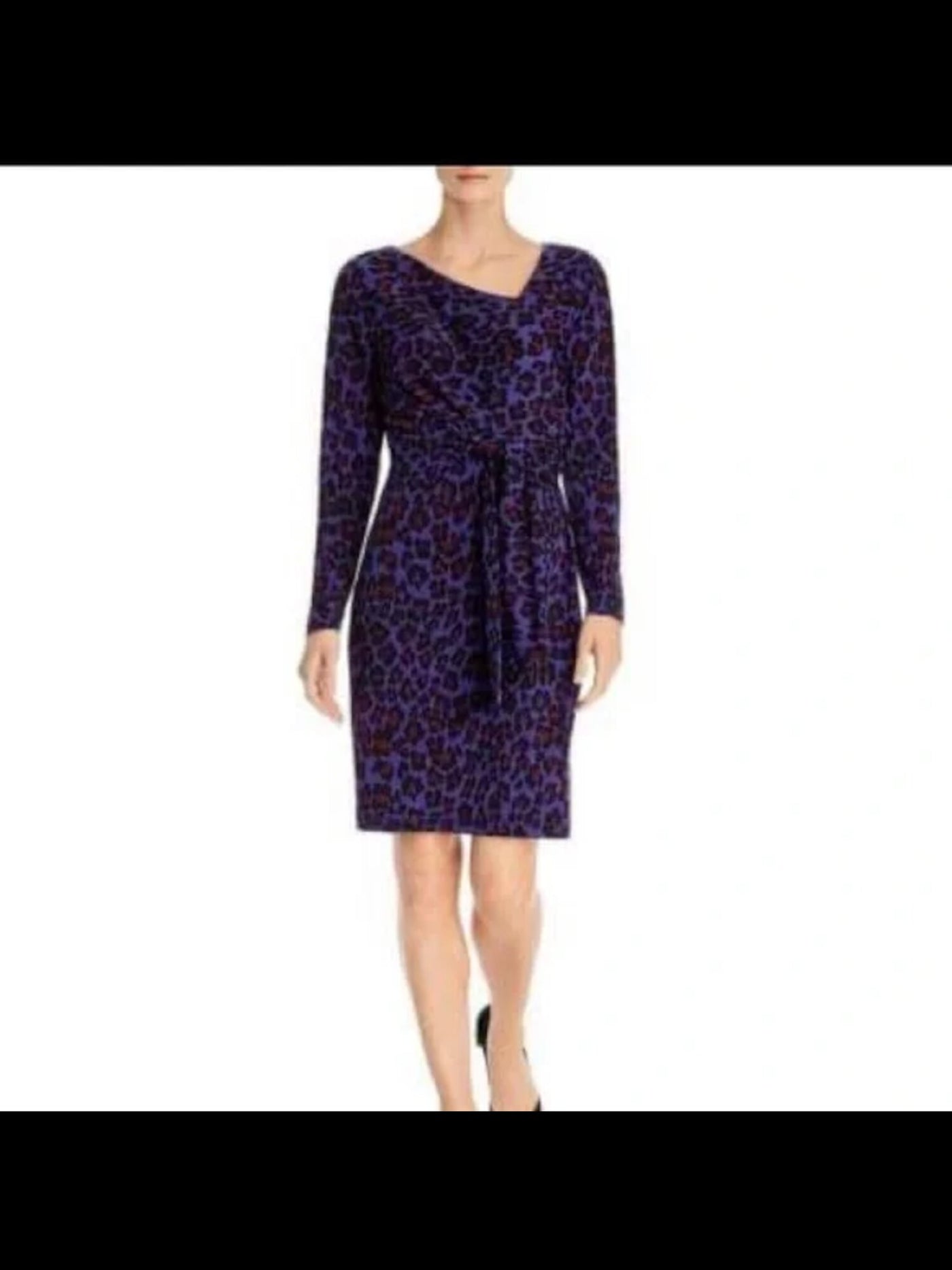 LEOTA Womens Blue Stretch Animal Print Long Sleeve Asymmetrical Neckline Above The Knee Wear To Work Sheath Dress XS