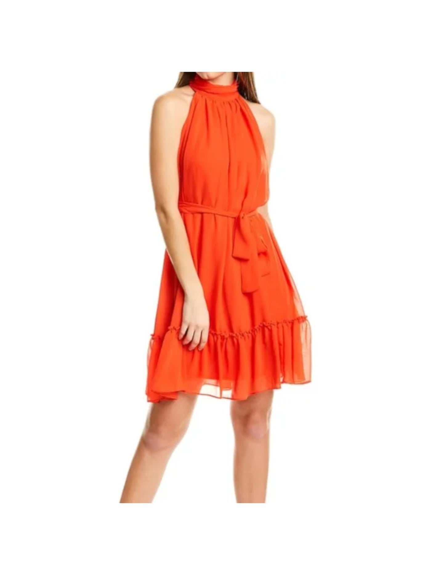 TAYLOR PETITE Womens Orange Gathered Zippered Pleated Lined Tie Belt Ruffled Sleeveless Mock Neck Above The Knee Fit + Flare Dress Petites 6P