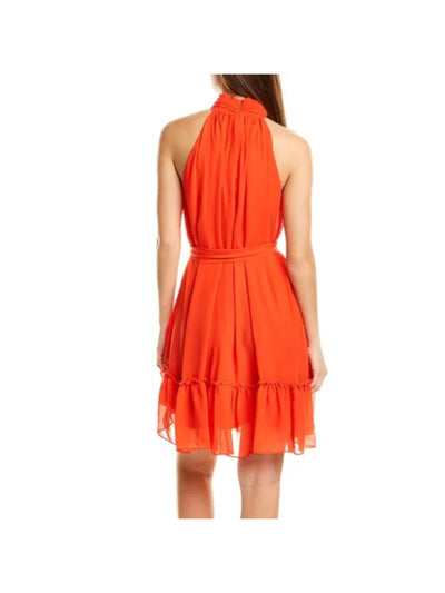 TAYLOR PETITE Womens Orange Gathered Zippered Pleated Lined Tie Belt Ruffled Sleeveless Mock Neck Above The Knee Fit + Flare Dress Petites 6P