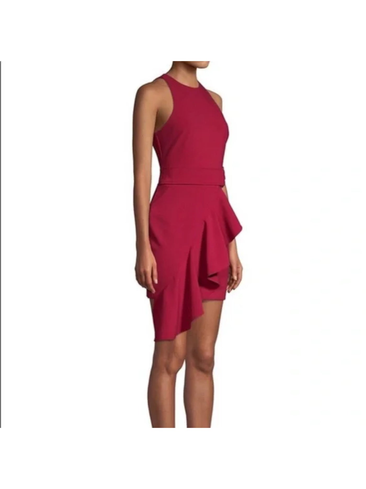 LIKELY Womens Burgundy Zippered Asymmetrical Ruffle D-ring Waist Sleeveless Jewel Neck Short Party Sheath Dress 0