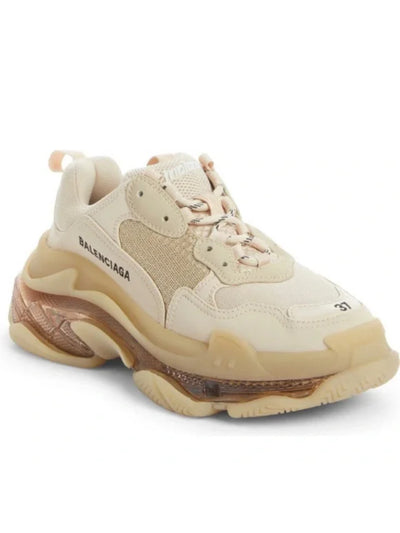 BALENCIAGA Womens Beige Mixed Media Back Pull-Tab Removable Insole Padded Triple S Round Toe Lace-Up Sneakers Shoes 11